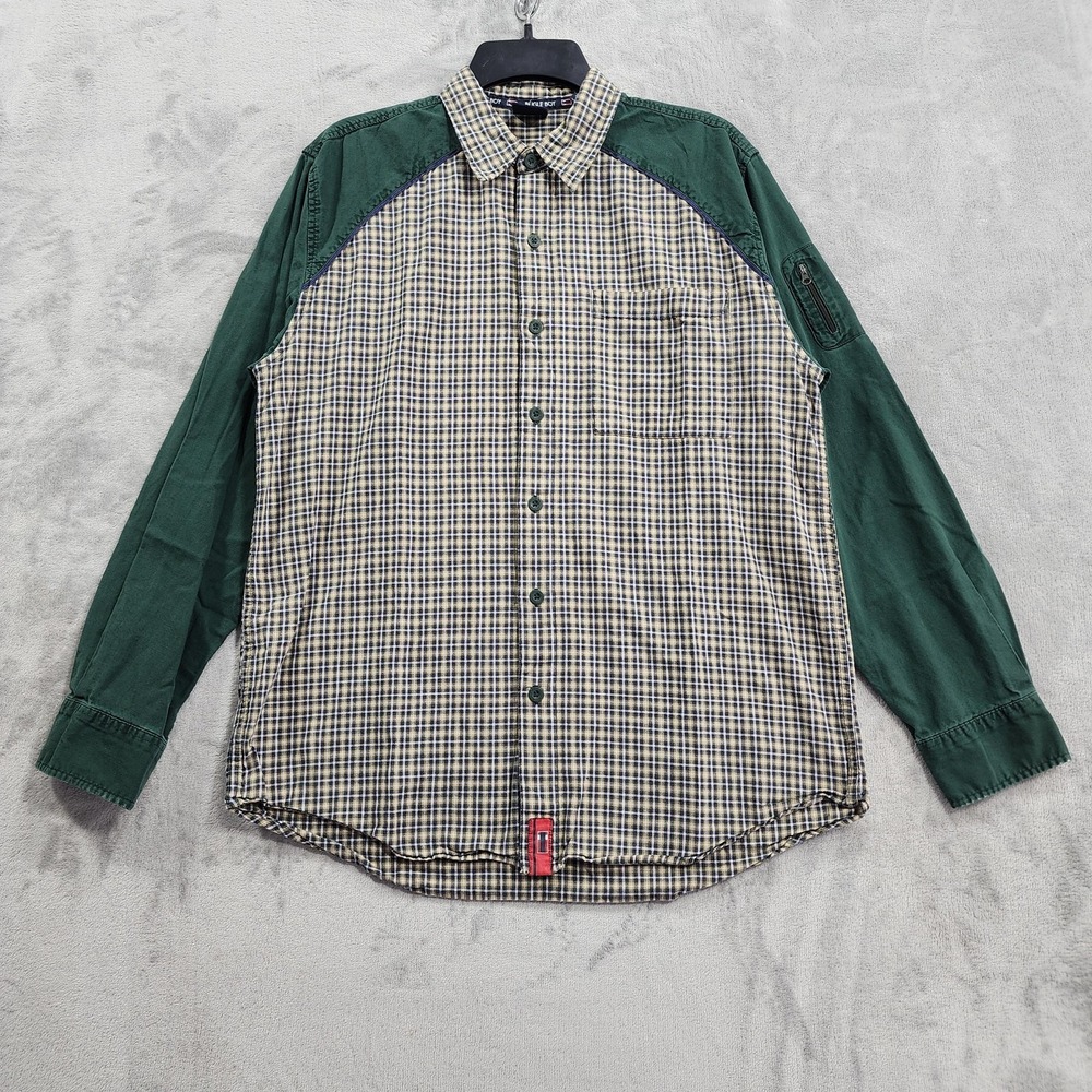 Vintage Bugle Boy Shirt Mens M Green Plaid Long Sleeve Button Front Gorpcore